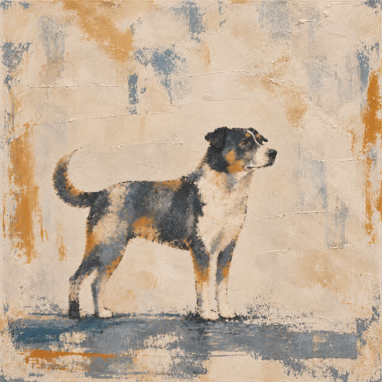 A dog portrait in textured cream, charcoal, and warm gold
