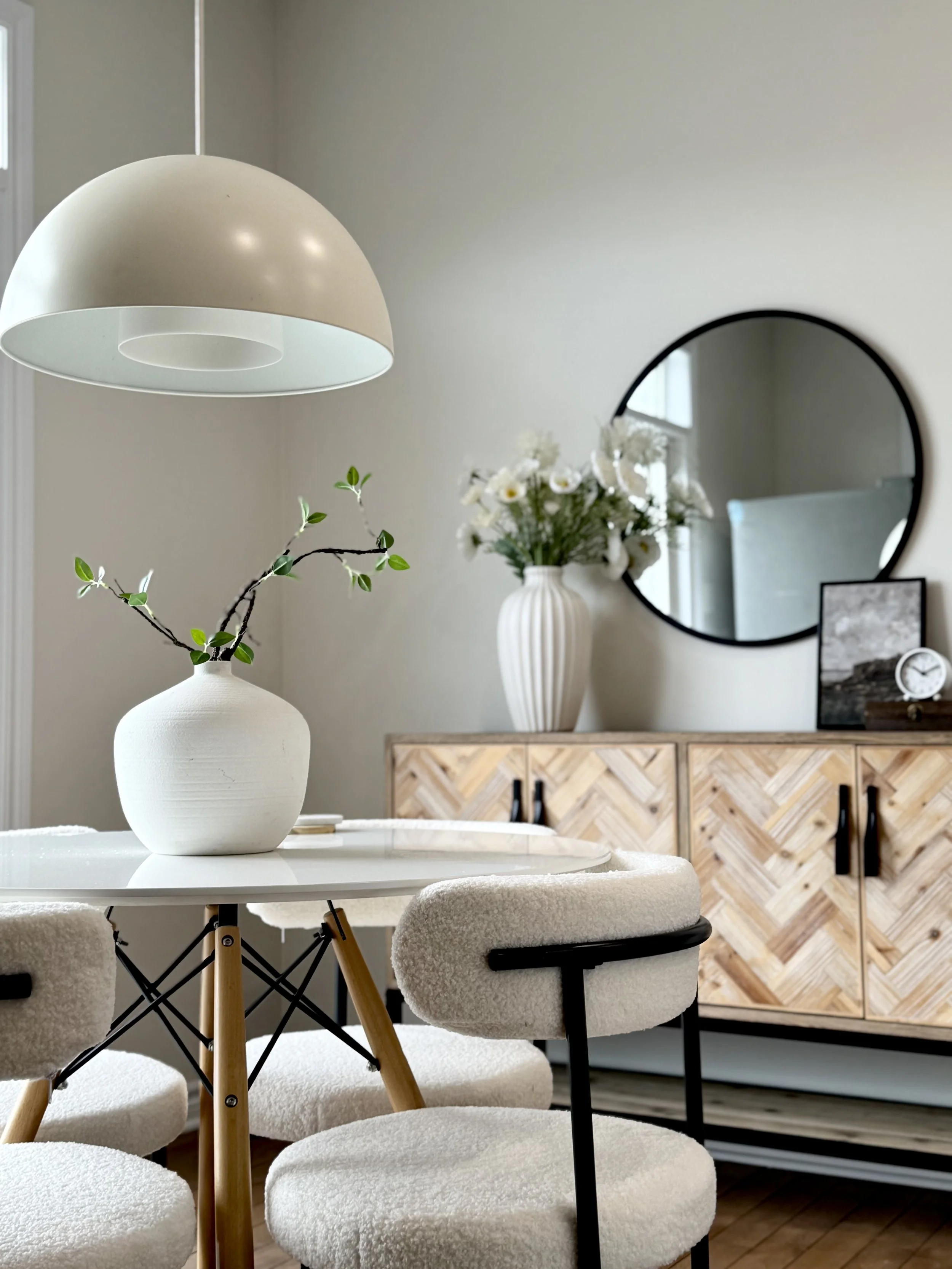 Dining room staged with warm contemporary details